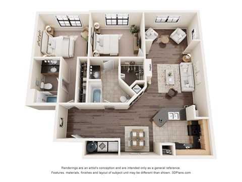 Floor plan for 2 beds, 2 baths, 1255 sqft